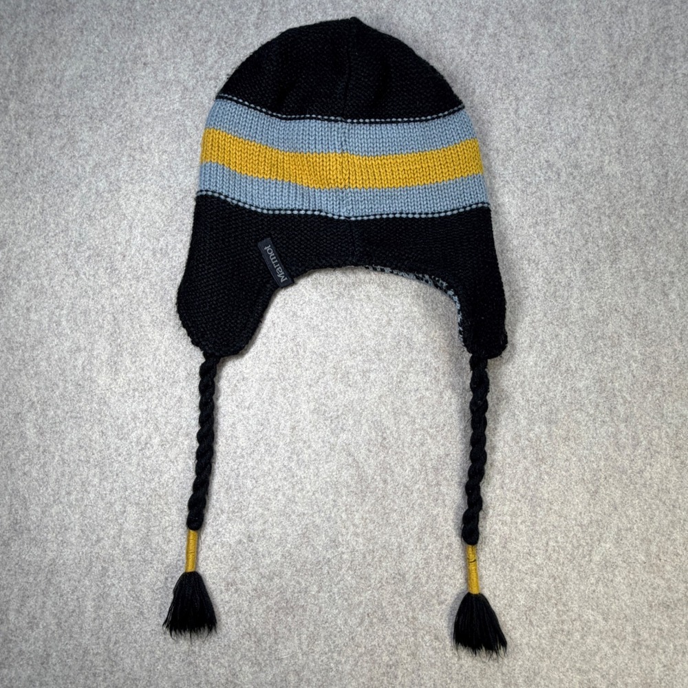 Marmot Earflap Beanie Hat Mens Black Blue Yellow Gorpcore Ski Winter Cabincore